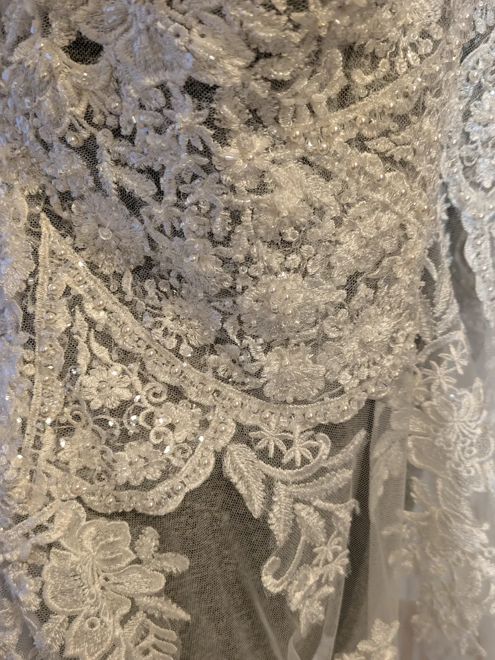 Ivory Beaded Bodice Bridal Overlay with Train and Floral Appliqué - Picture 5 of 12